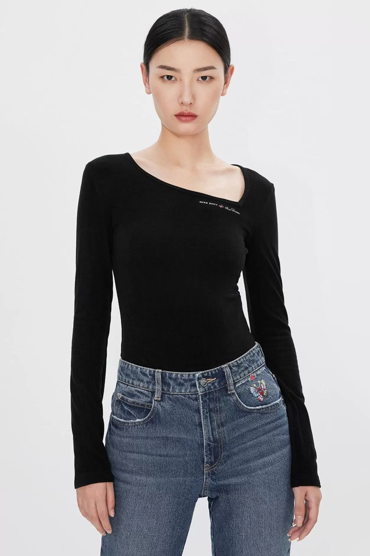 Miss Sixty Angel Collection Crew Neck T-Shirt With Long Sleeves Black Clearance