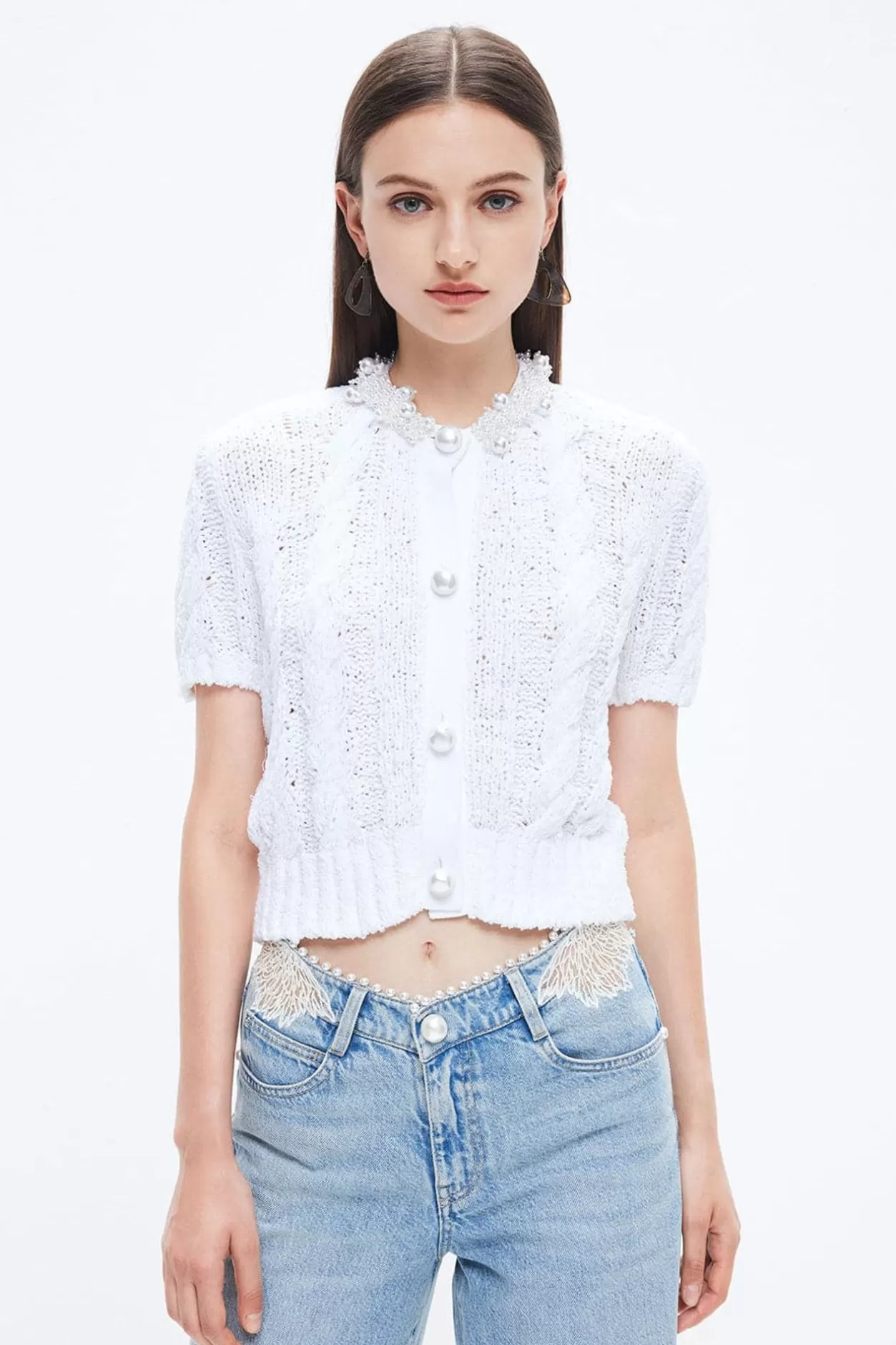 Miss Sixty Angel Collection Pearl Cropped Knit Top White Flash Sale