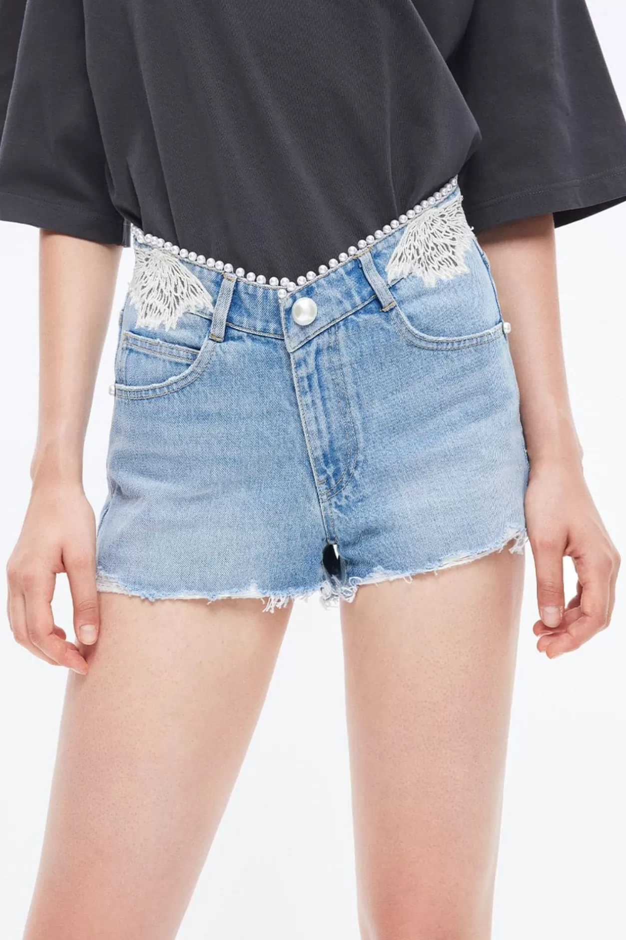 Miss Sixty Angel Collectionembroidered Ripped Low Waist Denim Shorts Light Blue Outlet