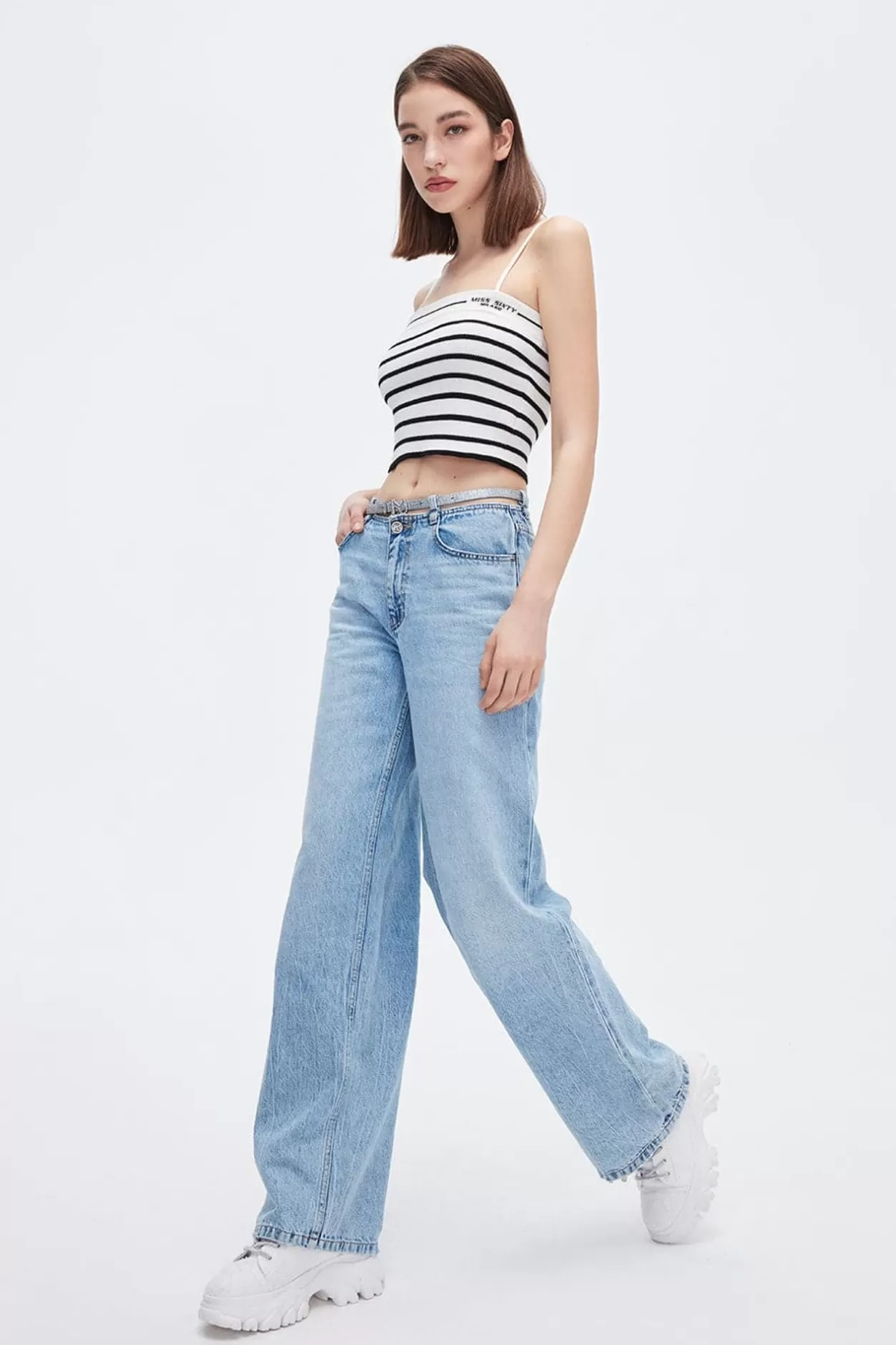 Miss Sixty Baggy Belted Straight Fit Jeans Light Blue Discount