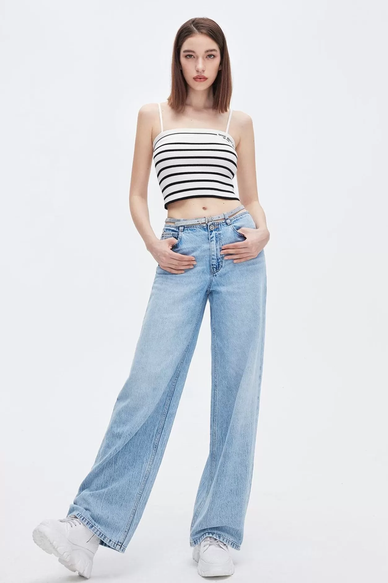 Miss Sixty Baggy Belted Straight Fit Jeans Light Blue Discount