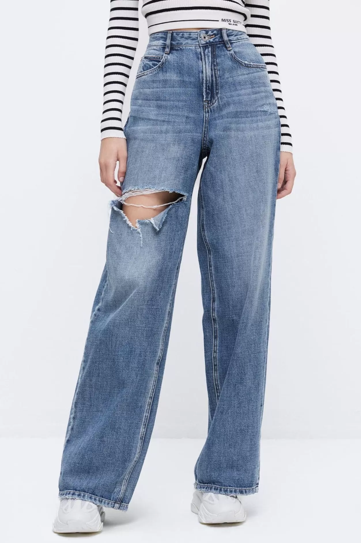 Miss Sixty Baggy Light Blue Ripped Wide Leg Jeans Middle Blue Sale