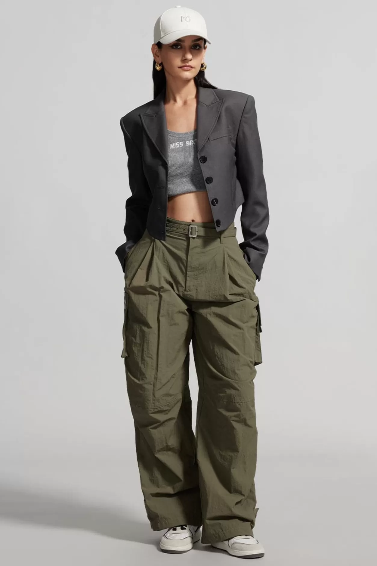 Miss Sixty Belted Loose-Fitting Pleated Cargo Pants Verde Militare Store