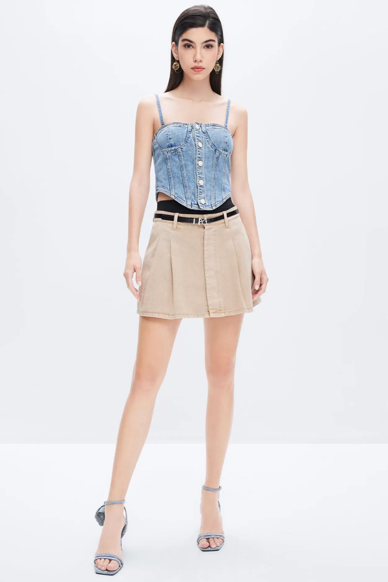 Miss Sixty Belted Panel Denim Skirt Light Khaki Best