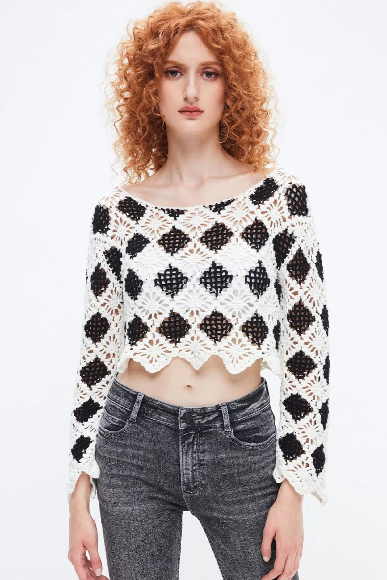 Miss Sixty Black And White Check Crocheted Cropped Top Black/White New