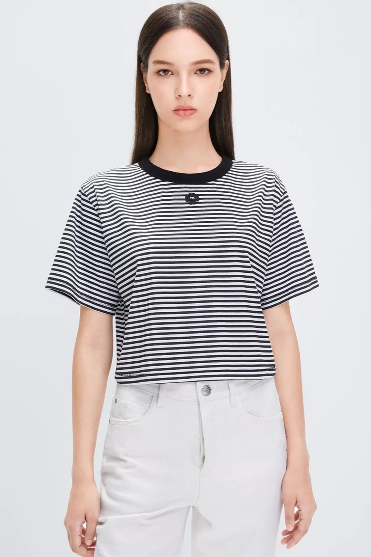 Miss Sixty Black And White Striped T-Shirt With Clover Embroidery White/Black Cheap