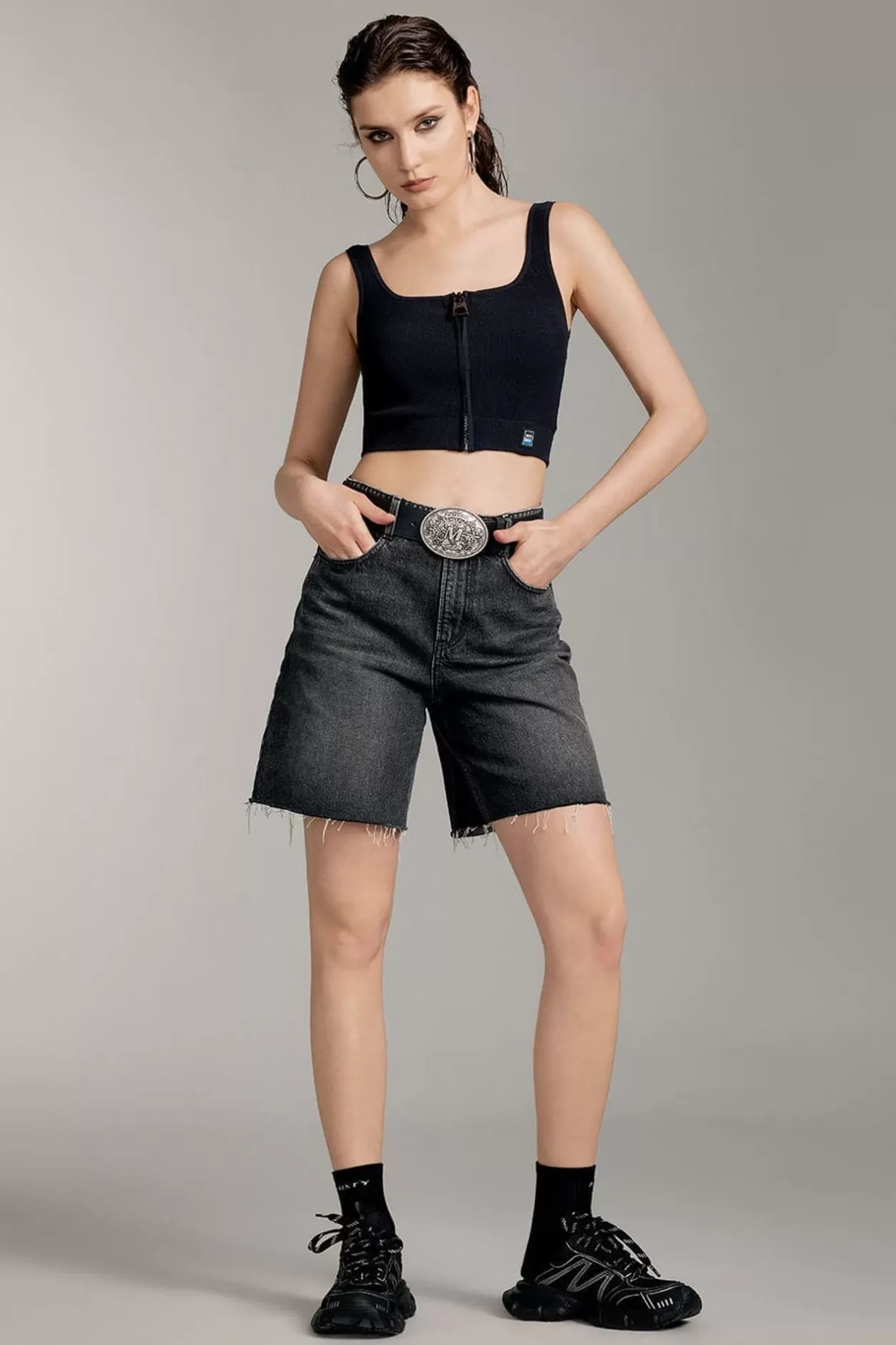 Miss Sixty Black High-Waist Ripped Denim Shorts Black Fog Discount