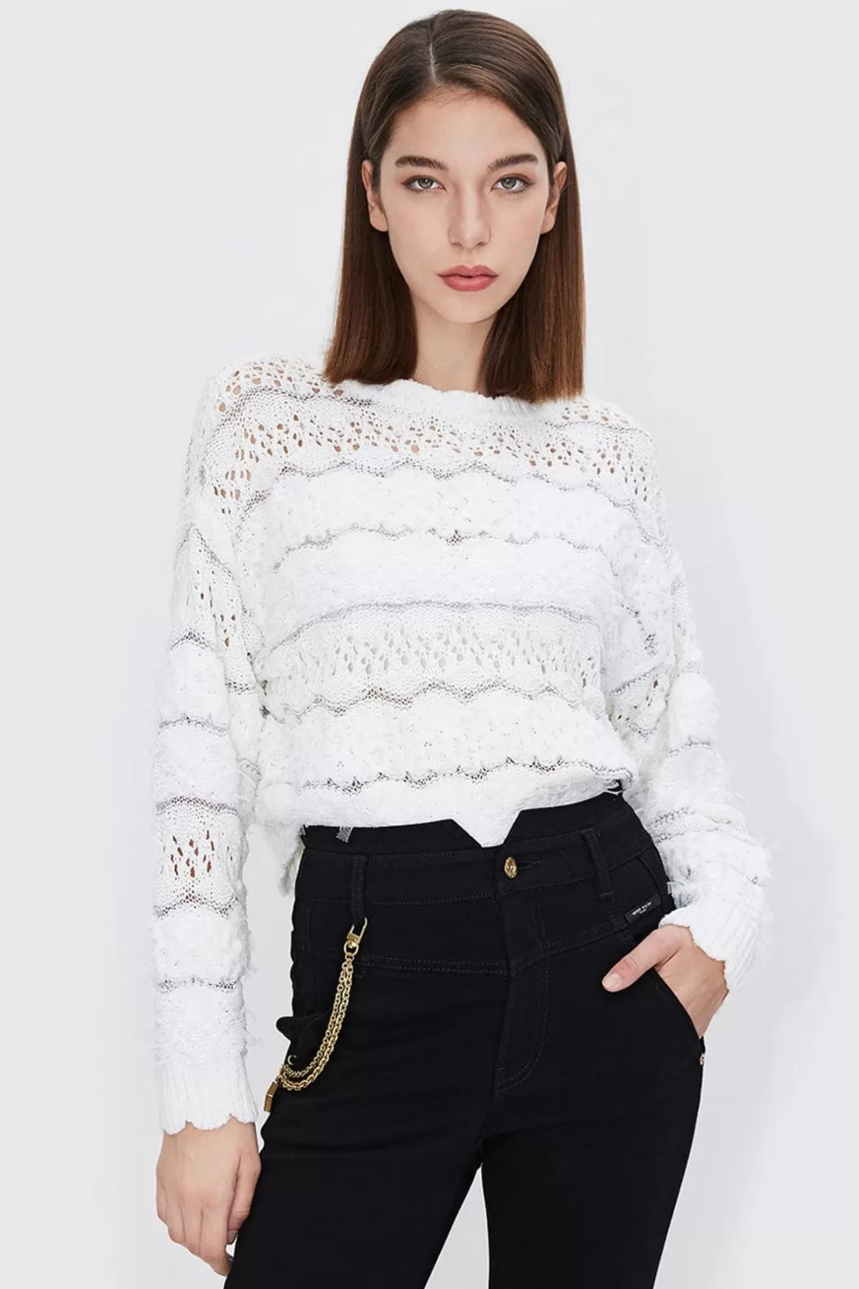 Miss Sixty Bright Silk Hollow Wool Knitted Shirt White Hot