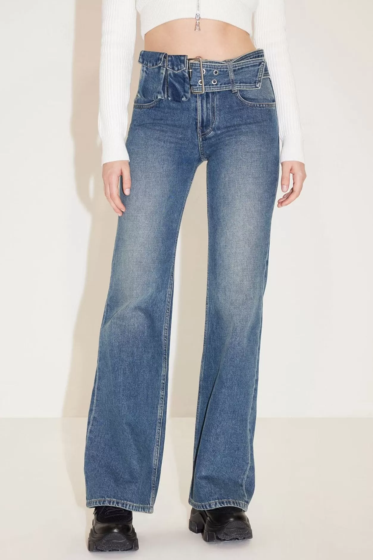 Miss Sixty Cargo Style Bootcut Jeans With Detachable Belt Middle Blue Fashion