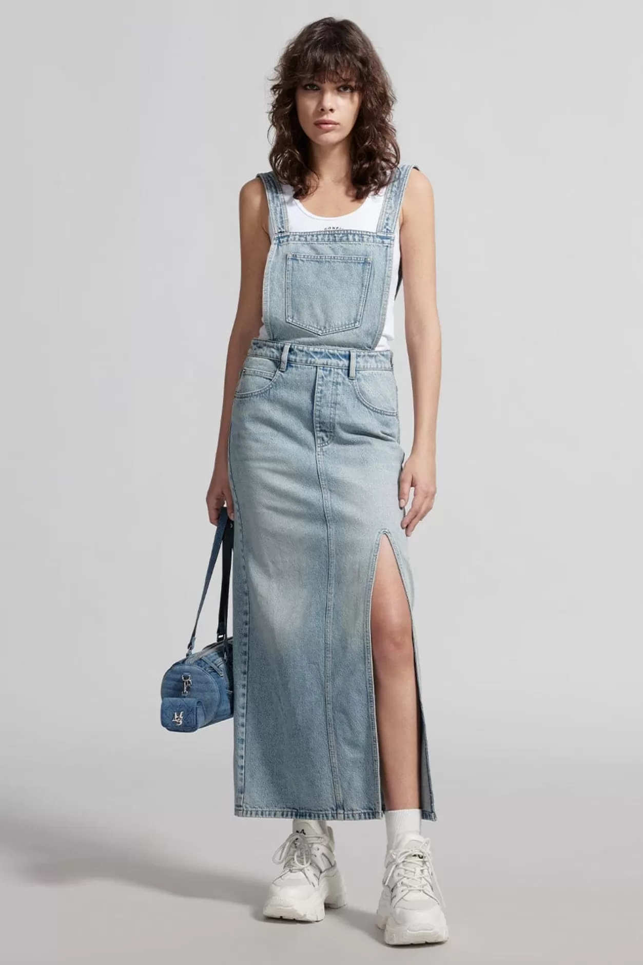 Miss Sixty Cargo Style Denim Dress With Straps Middle Blue Cheap