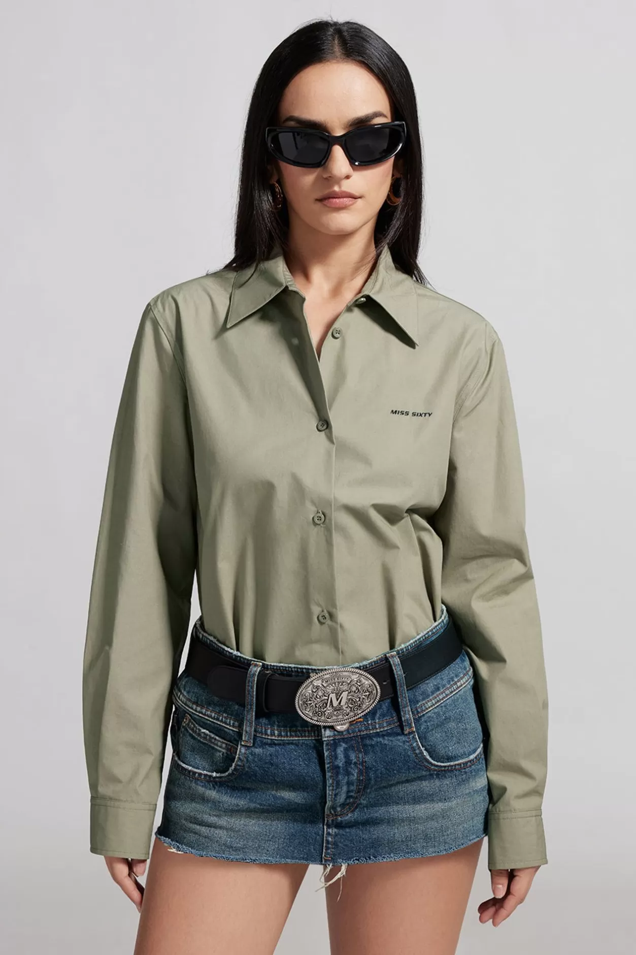 Miss Sixty Casual Fit Shirt With Embroidered Green Grey Flash Sale