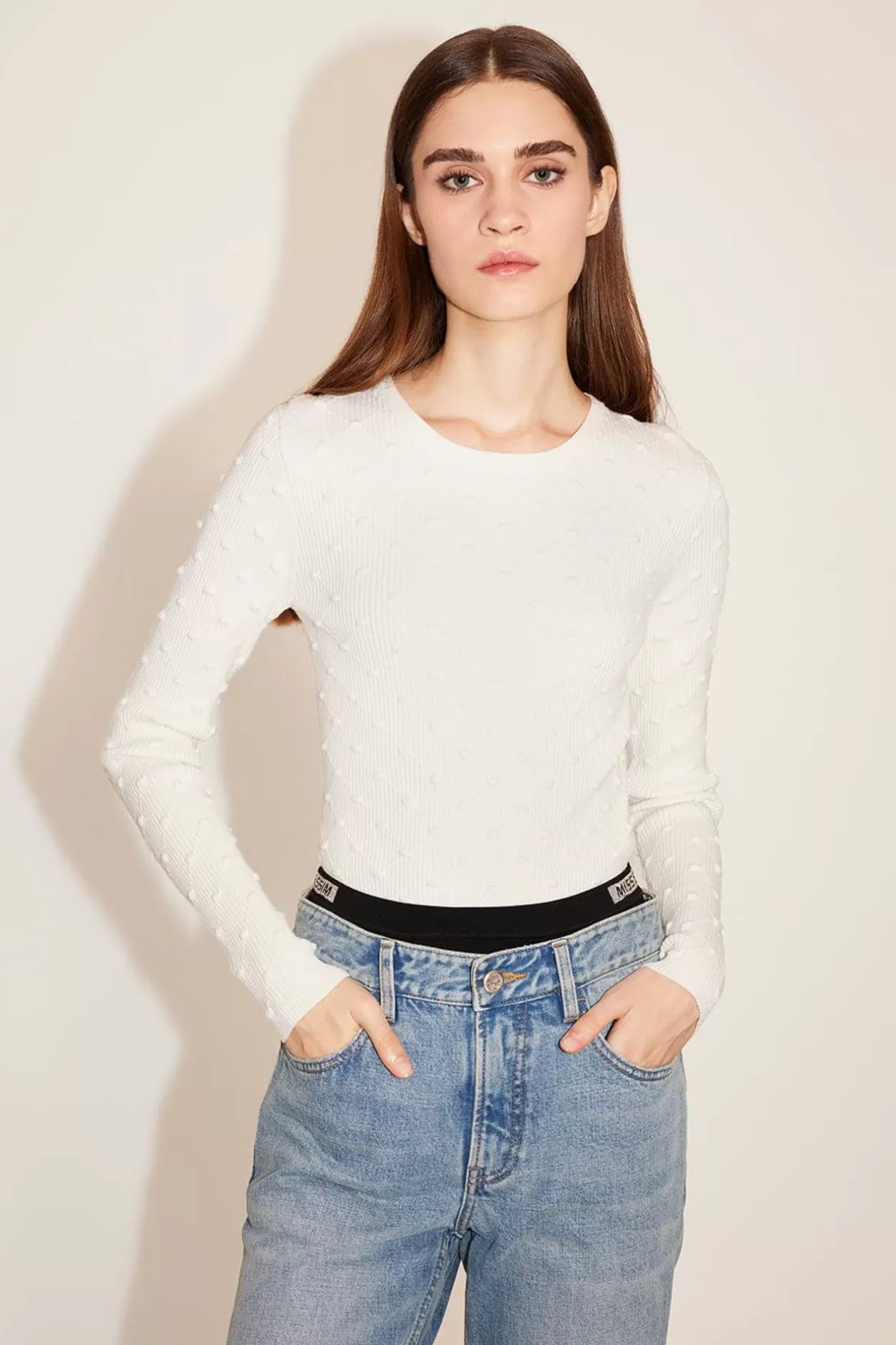 Miss Sixty Check Pattern Jacquard Round Neck Wool Sweater White Cheap