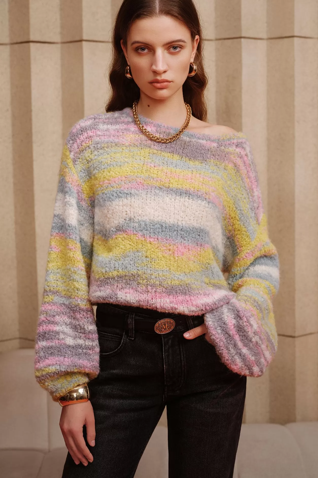 Miss Sixty Colourful Gradient Retro Lantern Shape Sleeves Loose Knitted Sweater Multicolour Hot