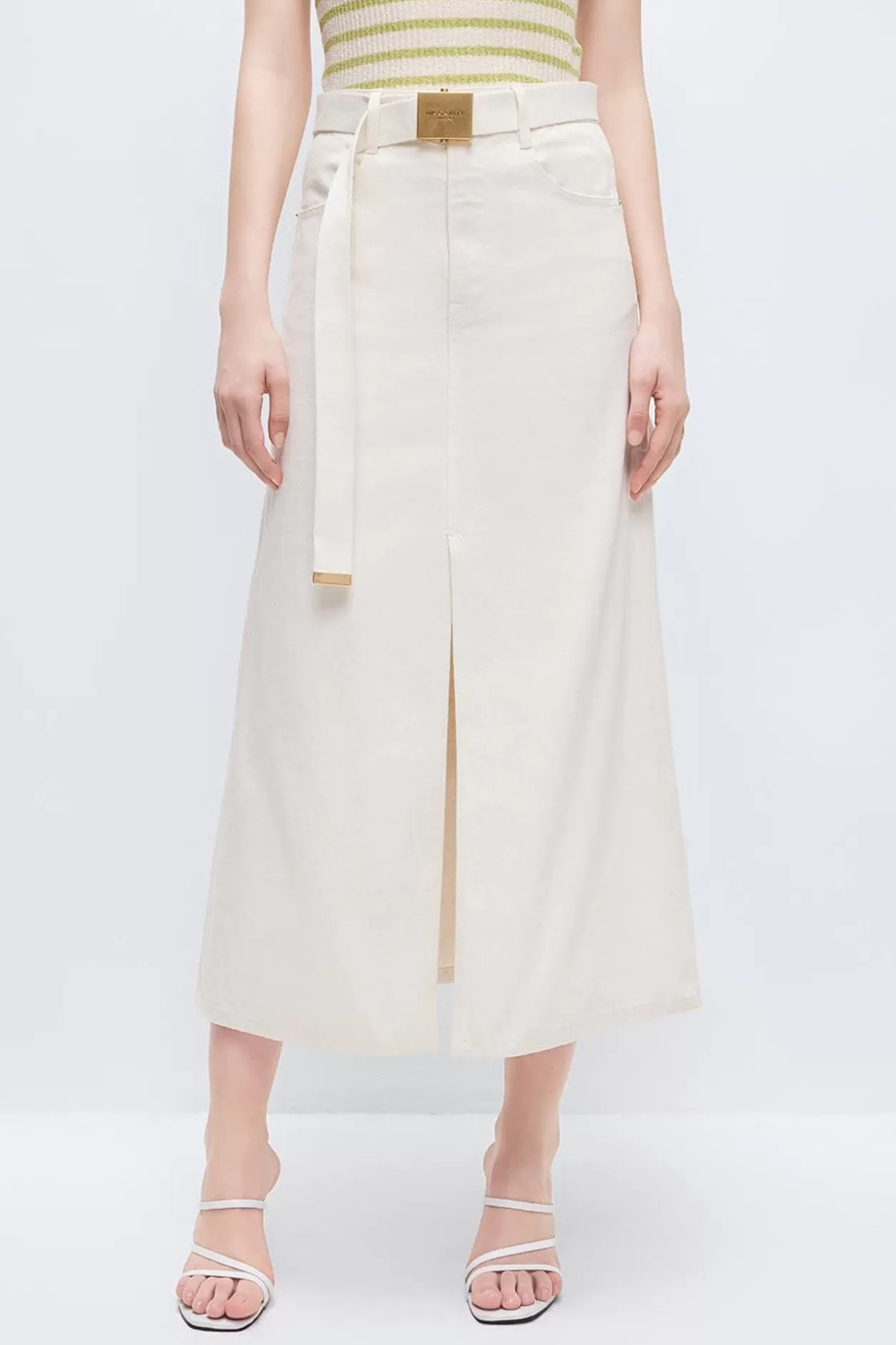 Miss Sixty Cotton And Linen Beige Slit Cargo Skirt Off White Sale