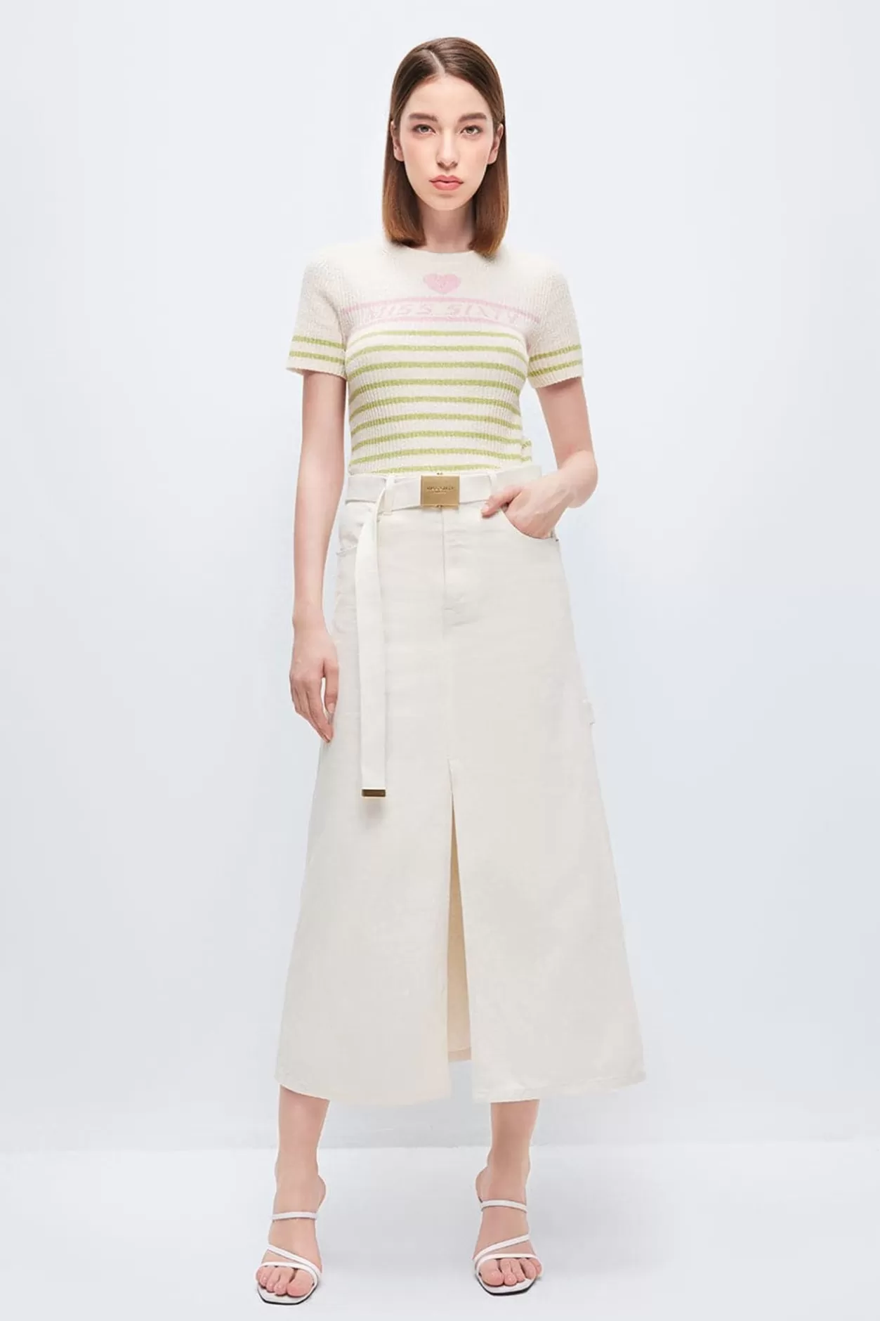 Miss Sixty Cotton And Linen Beige Slit Cargo Skirt Off White Sale