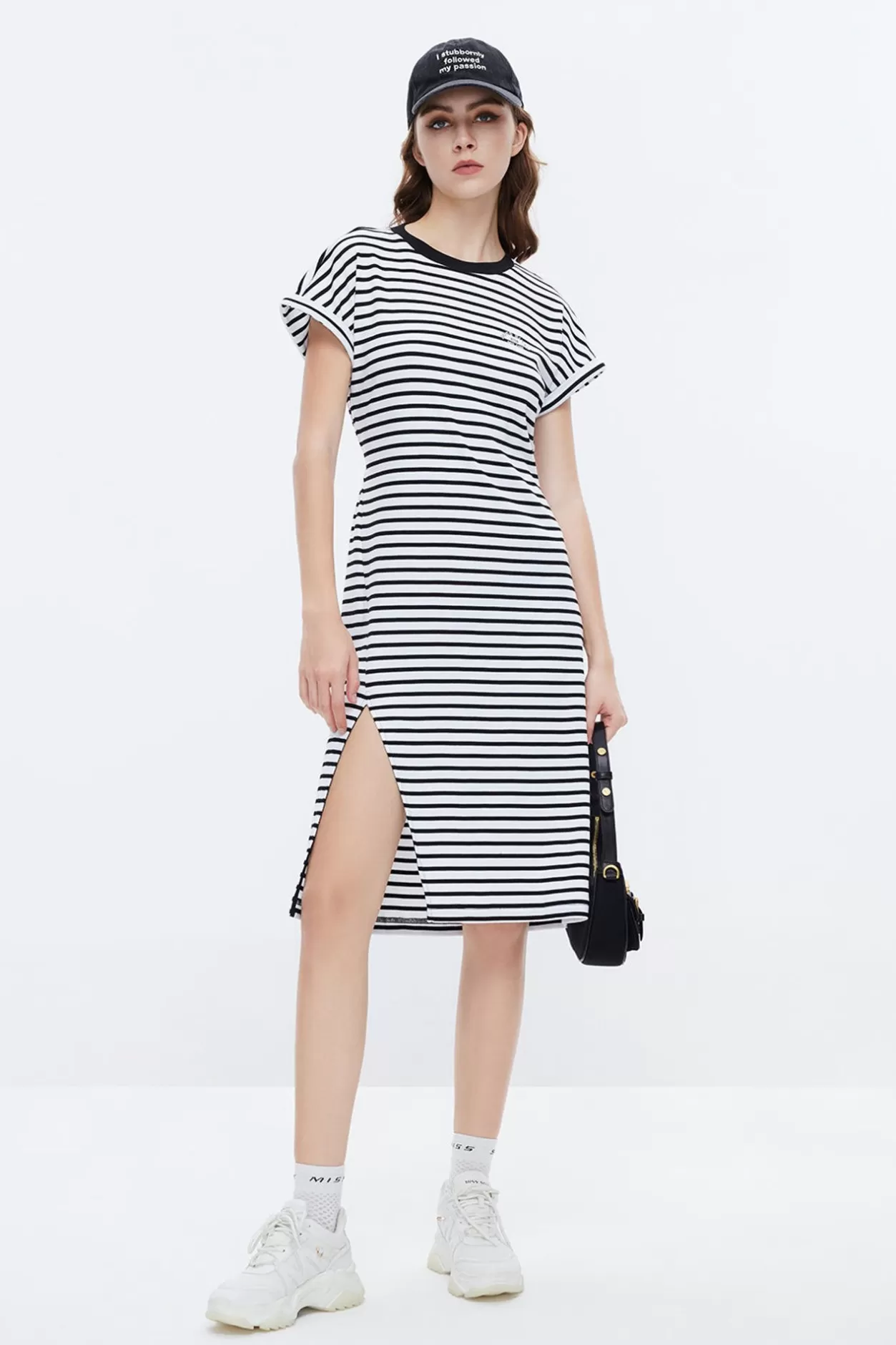 Miss Sixty Cotton Contrast Stripe Slit Dress White/Black Outlet