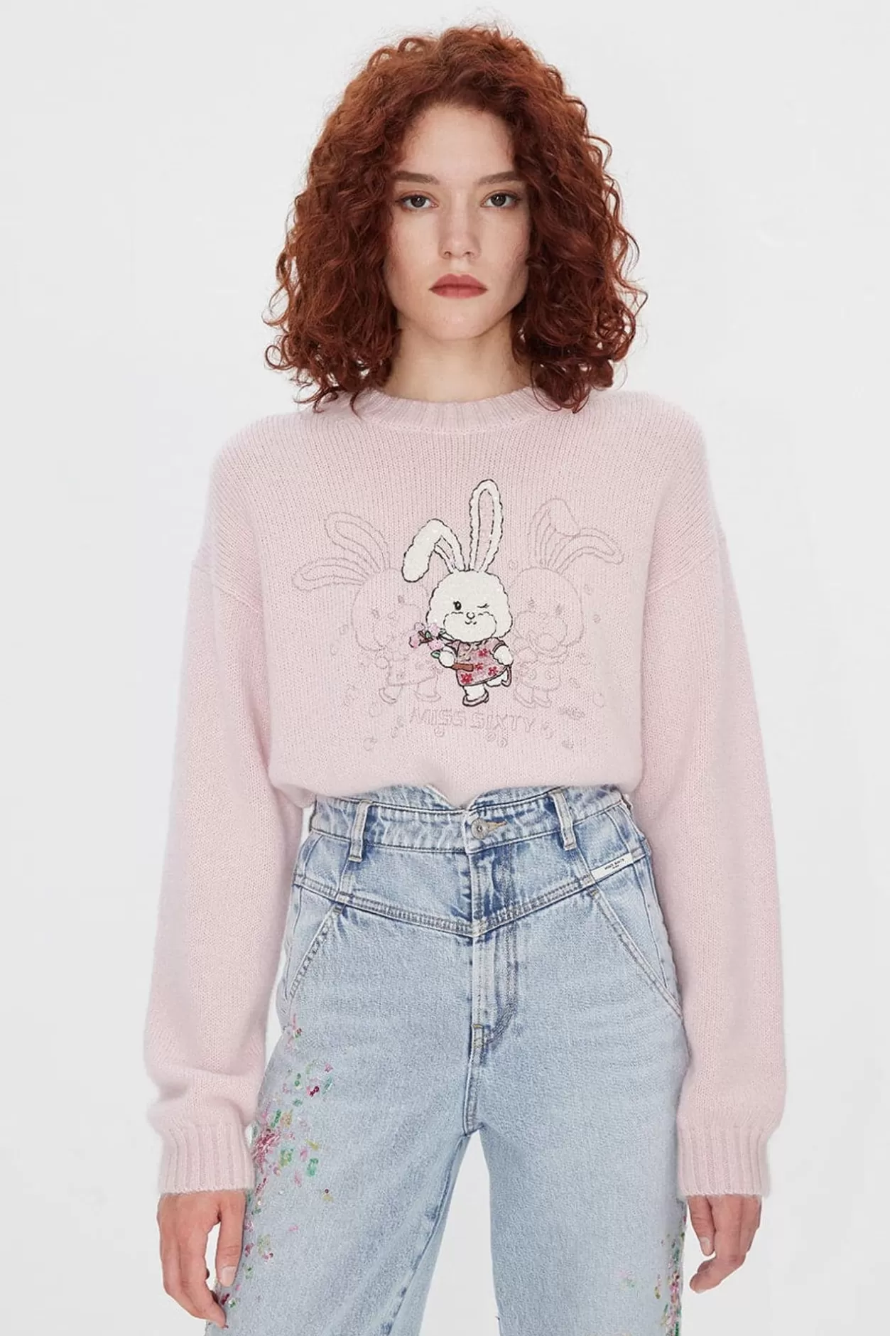 Miss Sixty Crew Neck Beaded Embroideredsweater Baby Pink Flash Sale