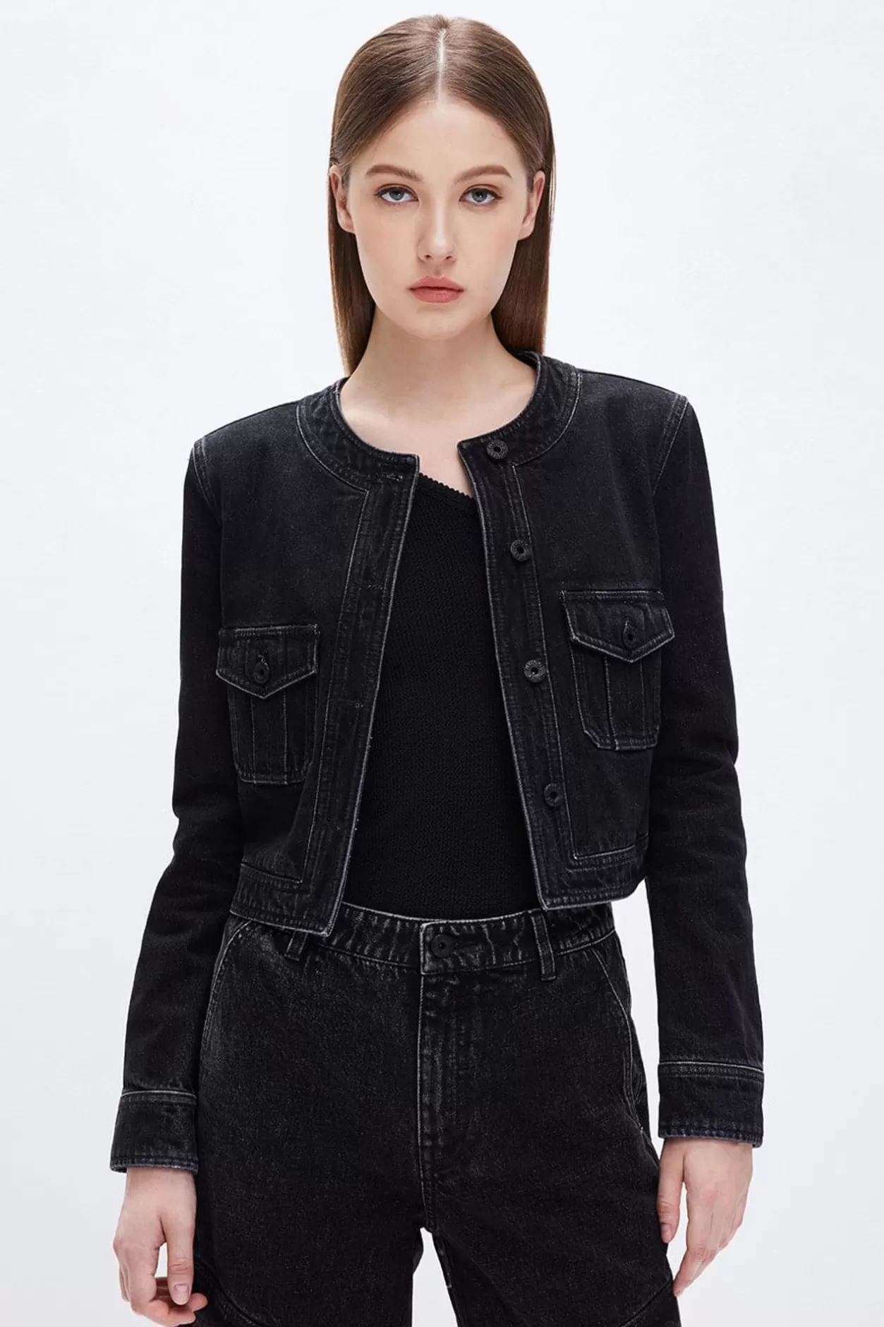 Miss Sixty Crew Neck Denim Jacket In Black Black Fog Discount