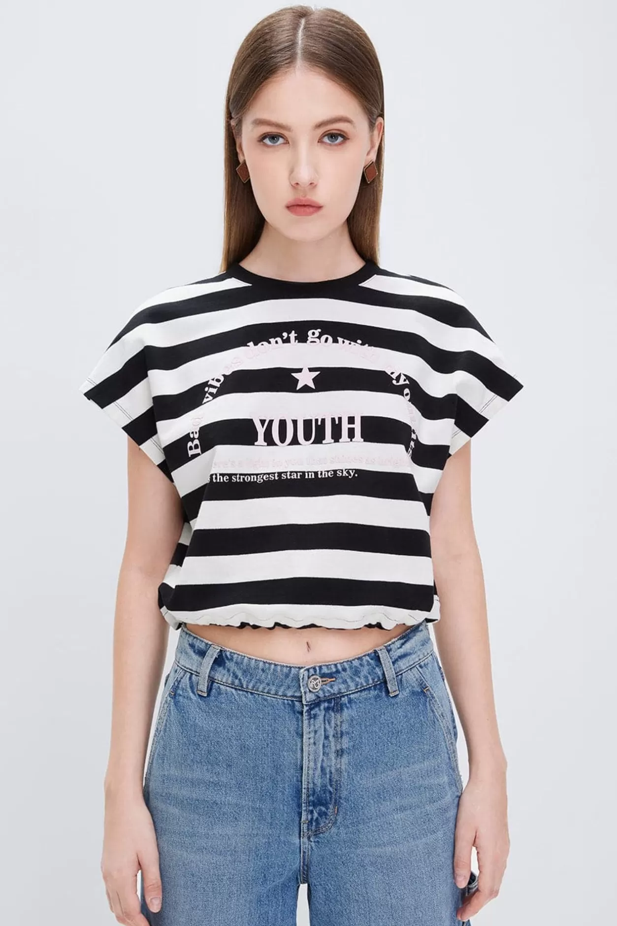 Miss Sixty Crew Neck Striped Drawstring Sweatshirt Black/White Clearance