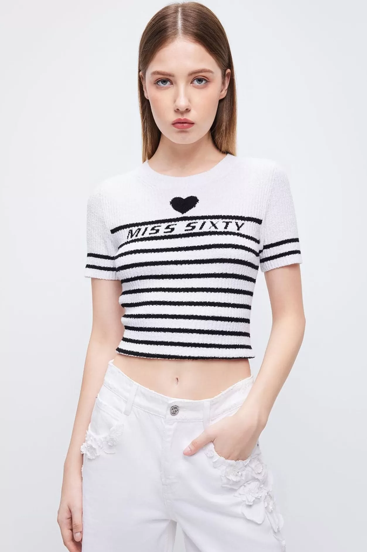 Miss Sixty Crew Neck Striped Letter Sweatshirt Hot