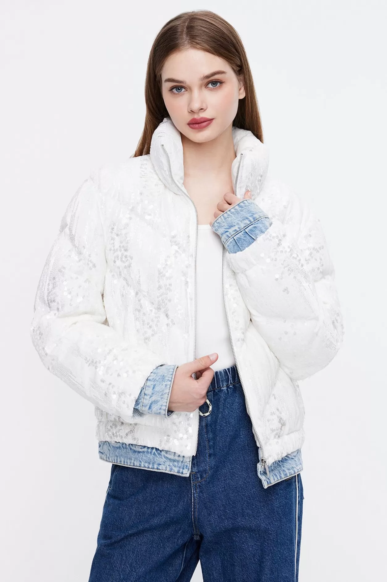 Miss Sixty Cropped Down Jacket With Sequin Embellishment White/Light Blue Outlet