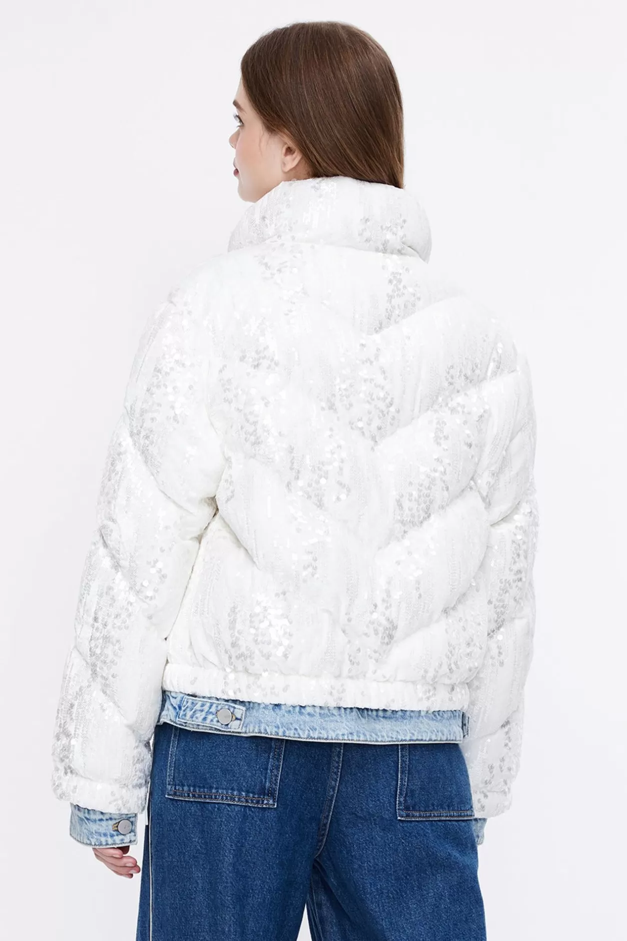 Miss Sixty Cropped Down Jacket With Sequin Embellishment White/Light Blue Outlet