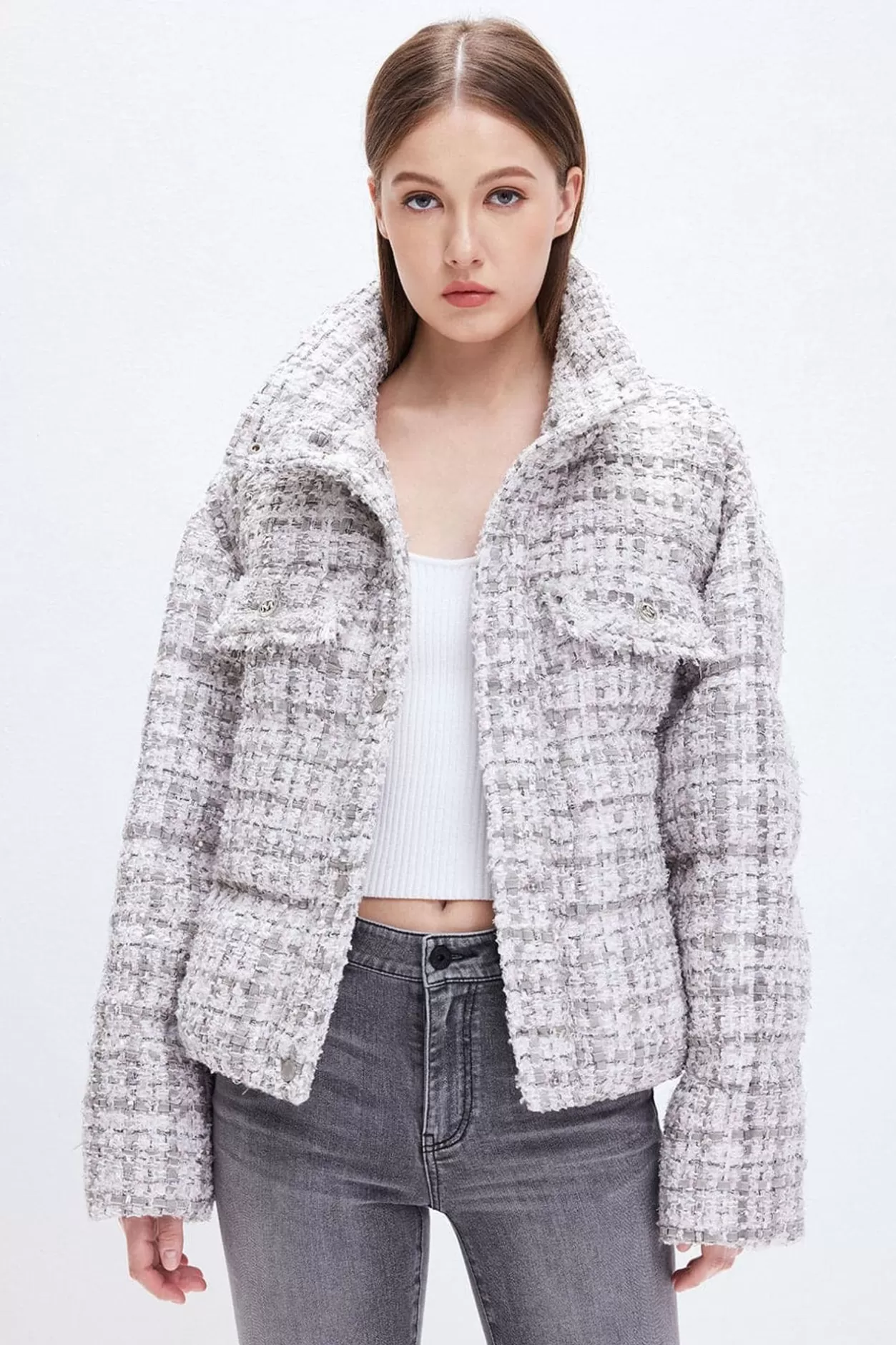 Miss Sixty Cropped Down Jacket With Stand Collar Heather Grey Cheap