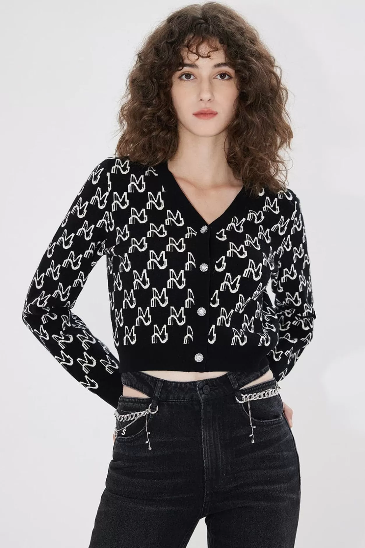 Miss Sixty Cropped Knit V-Neck Cardigan Black/White Online