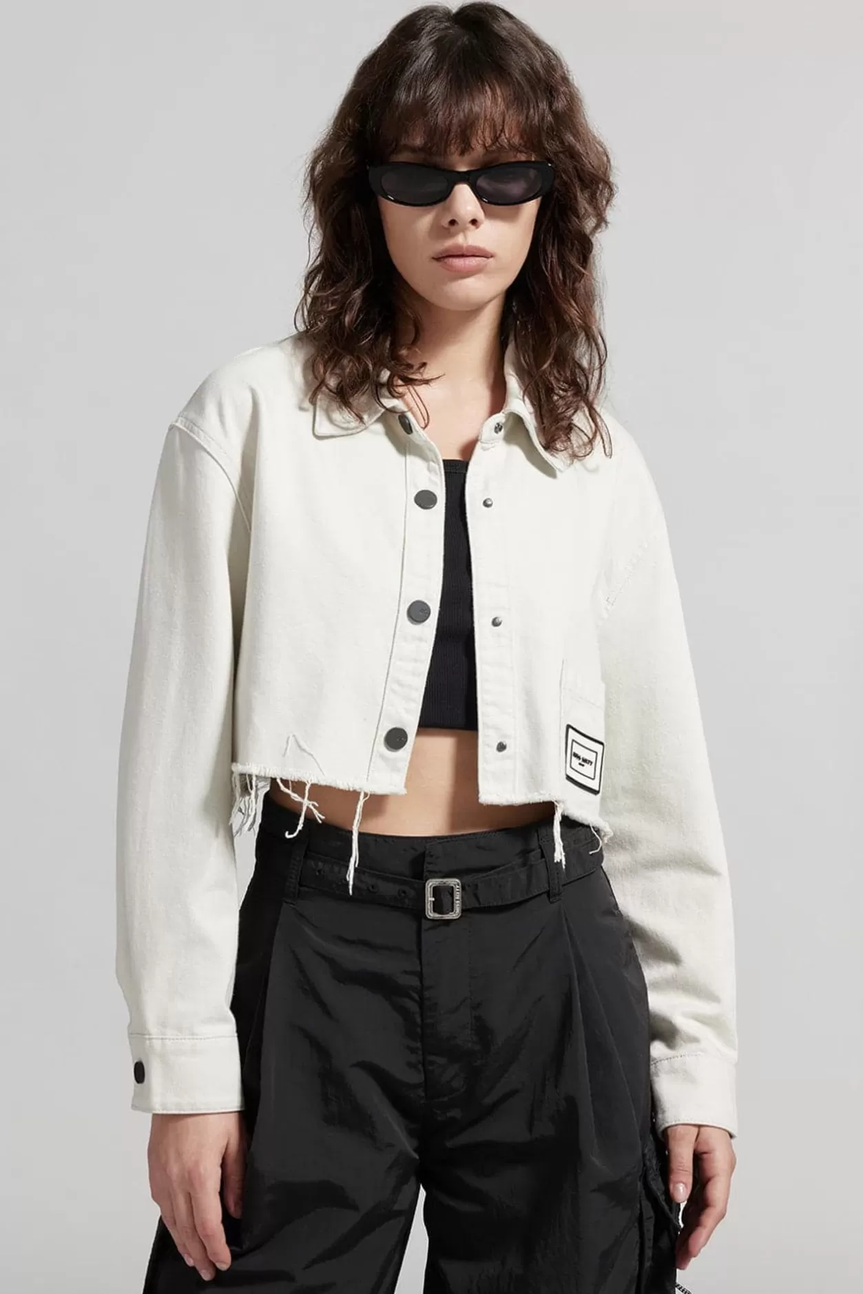 Miss Sixty Cropped Lapel White Denim Shirt Grayish-White Discount