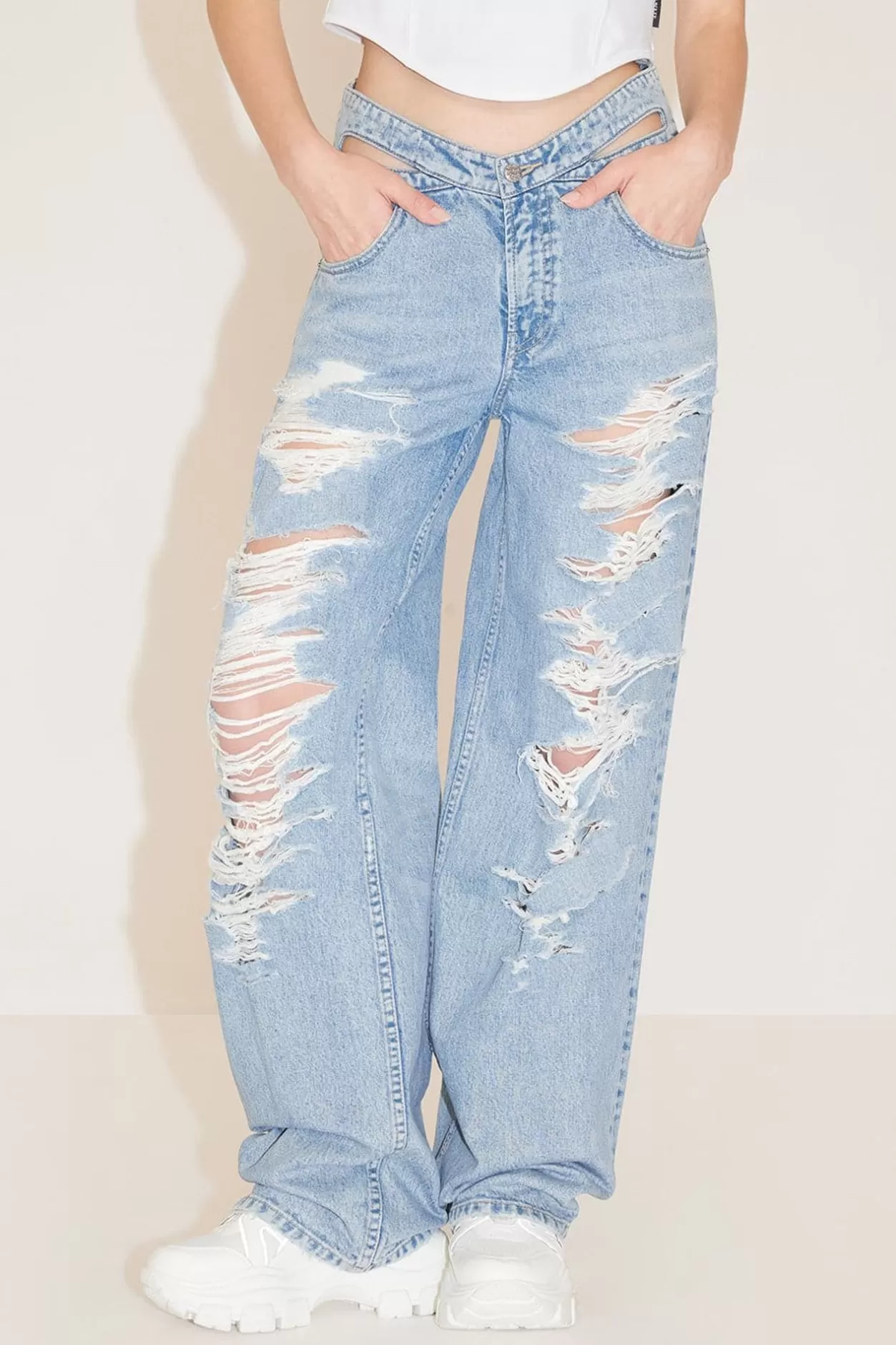 Miss Sixty Cut Out Waist Ripped Wide Leg Jeans Middle Blue Best