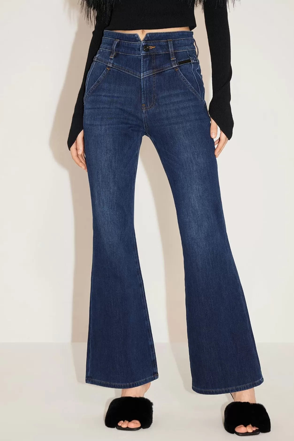 Miss Sixty Dark Blue V-Shape High-Waisted Cashmere Blend Denim Flared Jeans Deep Blue Cheap