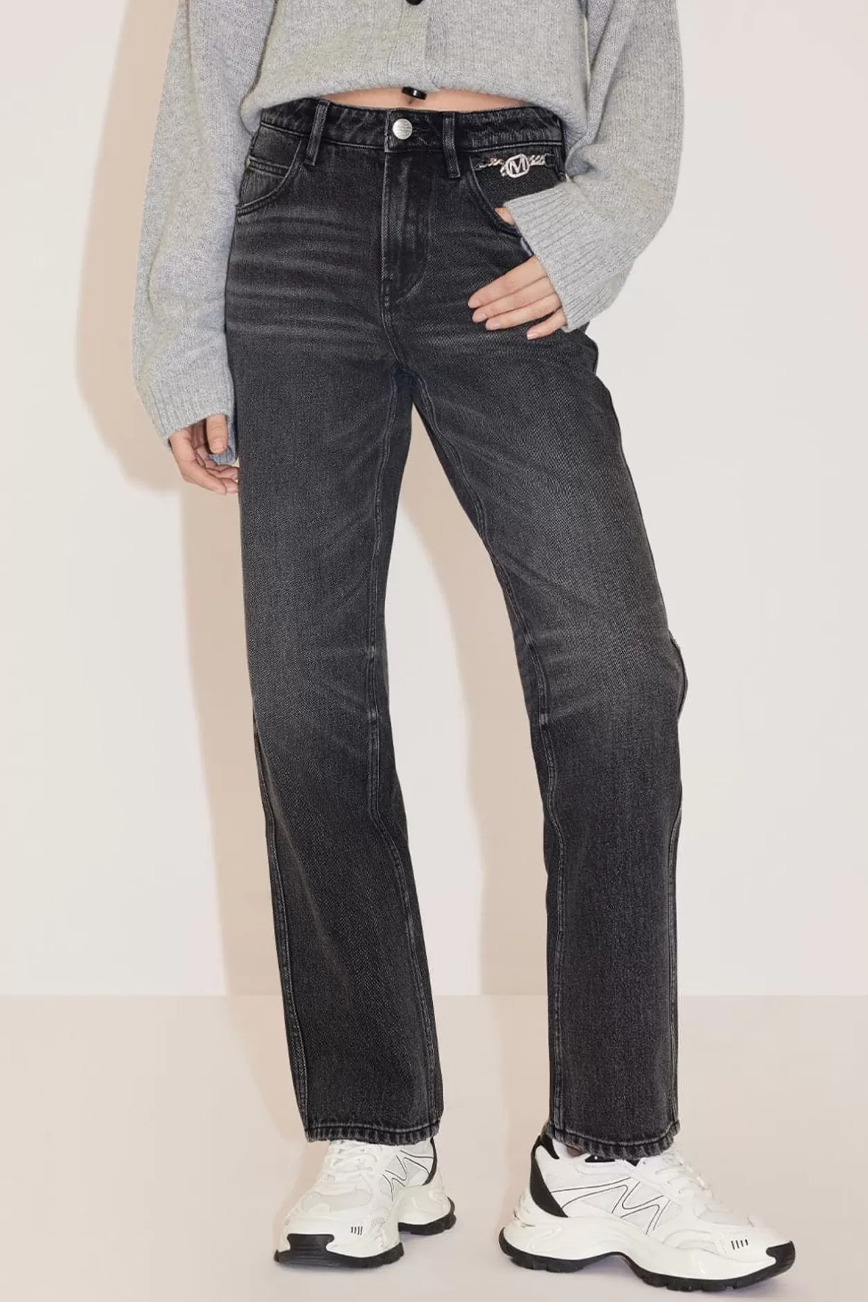 Miss Sixty Dark Washed Straight Fit Jeans With Crystals Black Fog Hot