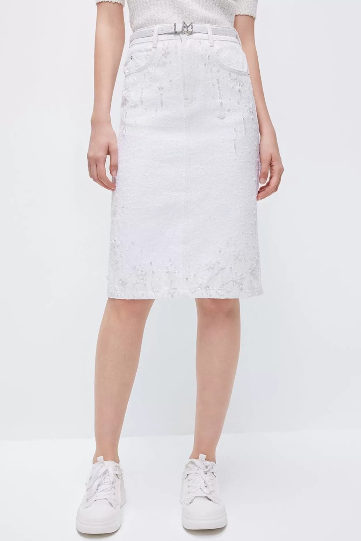 Miss Sixty Delicate Beaded Denim Skirt With Belt White Cheap