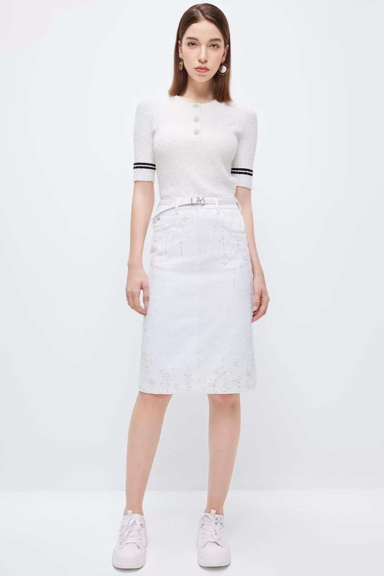 Miss Sixty Delicate Beaded Denim Skirt With Belt White Cheap