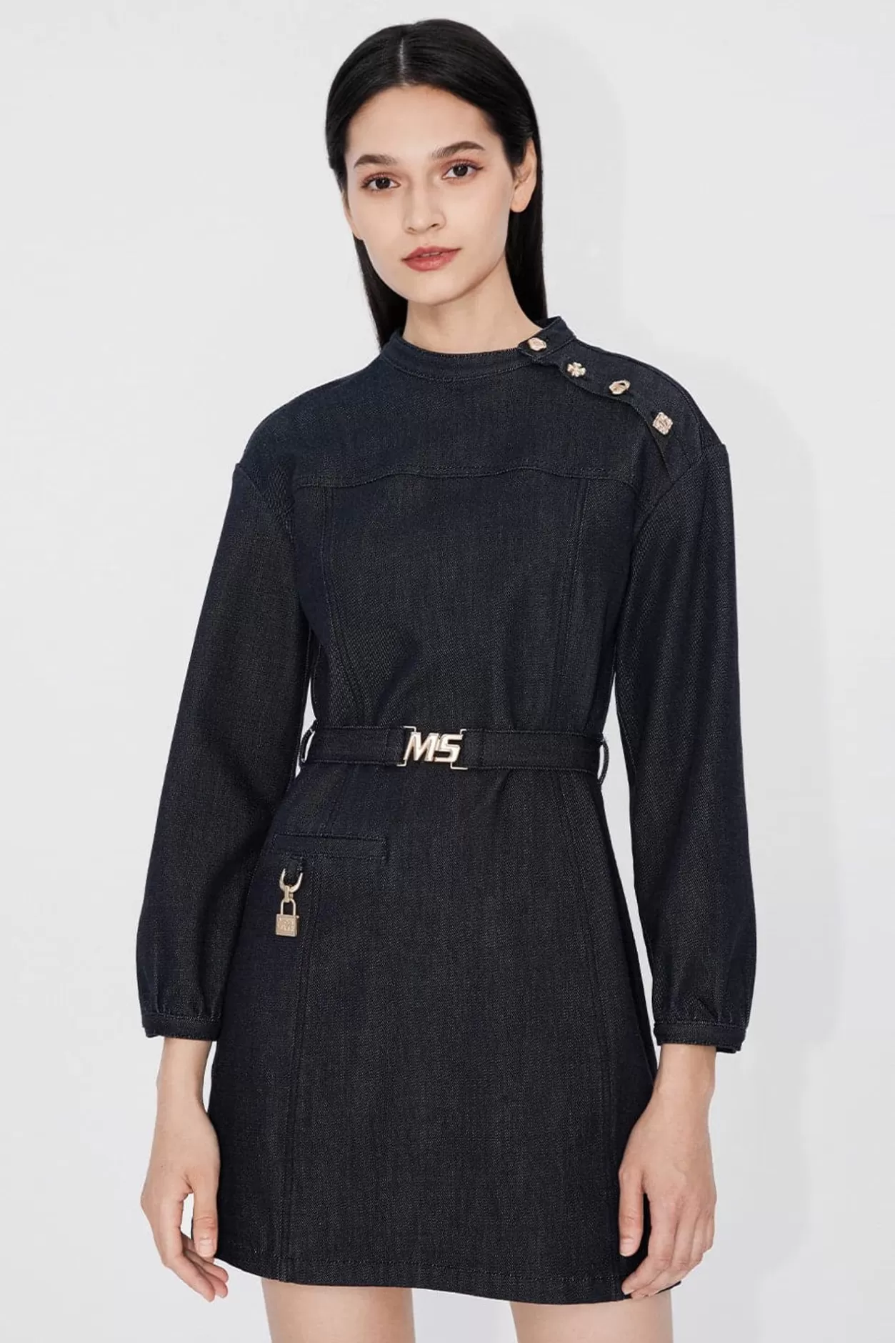 Miss Sixty Denim Dress With Belt And Gold Button Black Blue Online