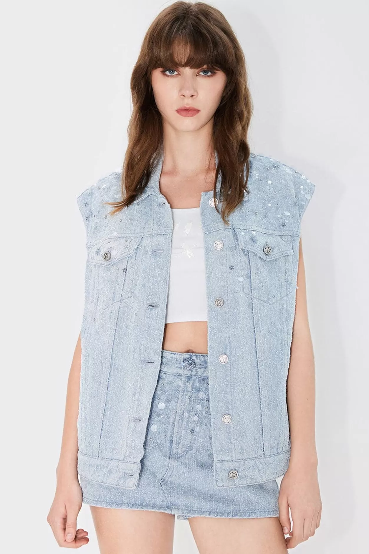 Miss Sixty Denim Jacket With Sequin Beaded Embellishment Light Blue Shop