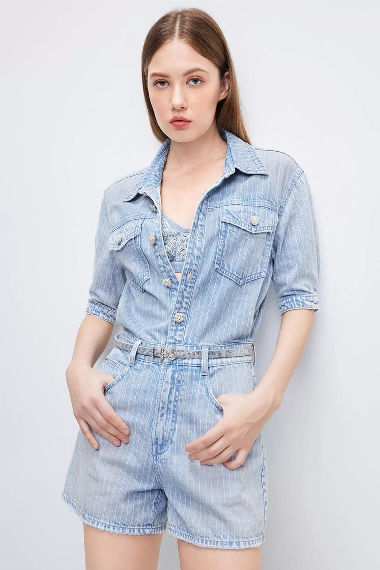 Miss Sixty Denim Jumpsuit With Belted Light Blue Flash Sale