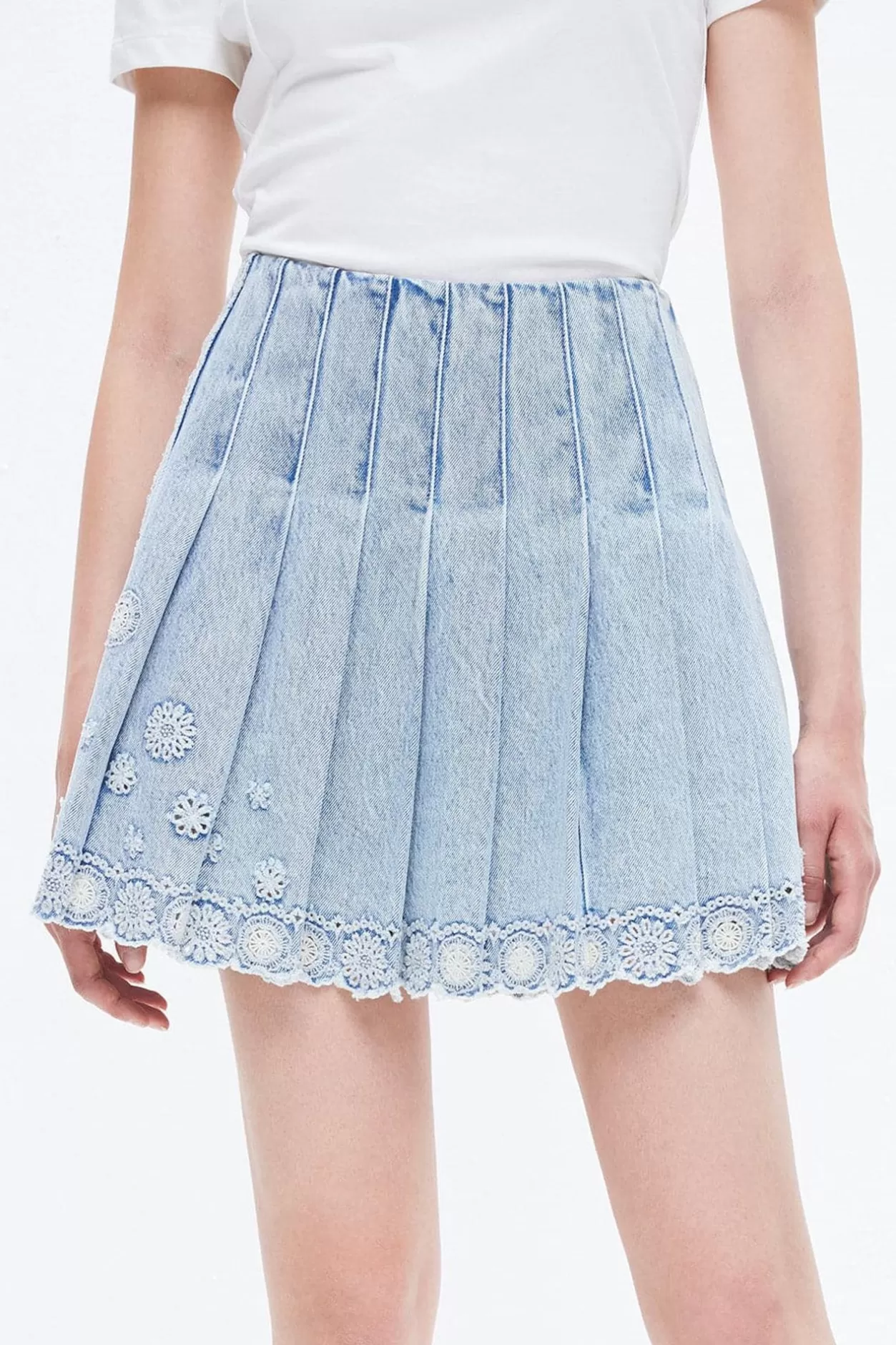 Miss Sixty Denim Pleated Culottes With Flower Edge Light Blue Cheap