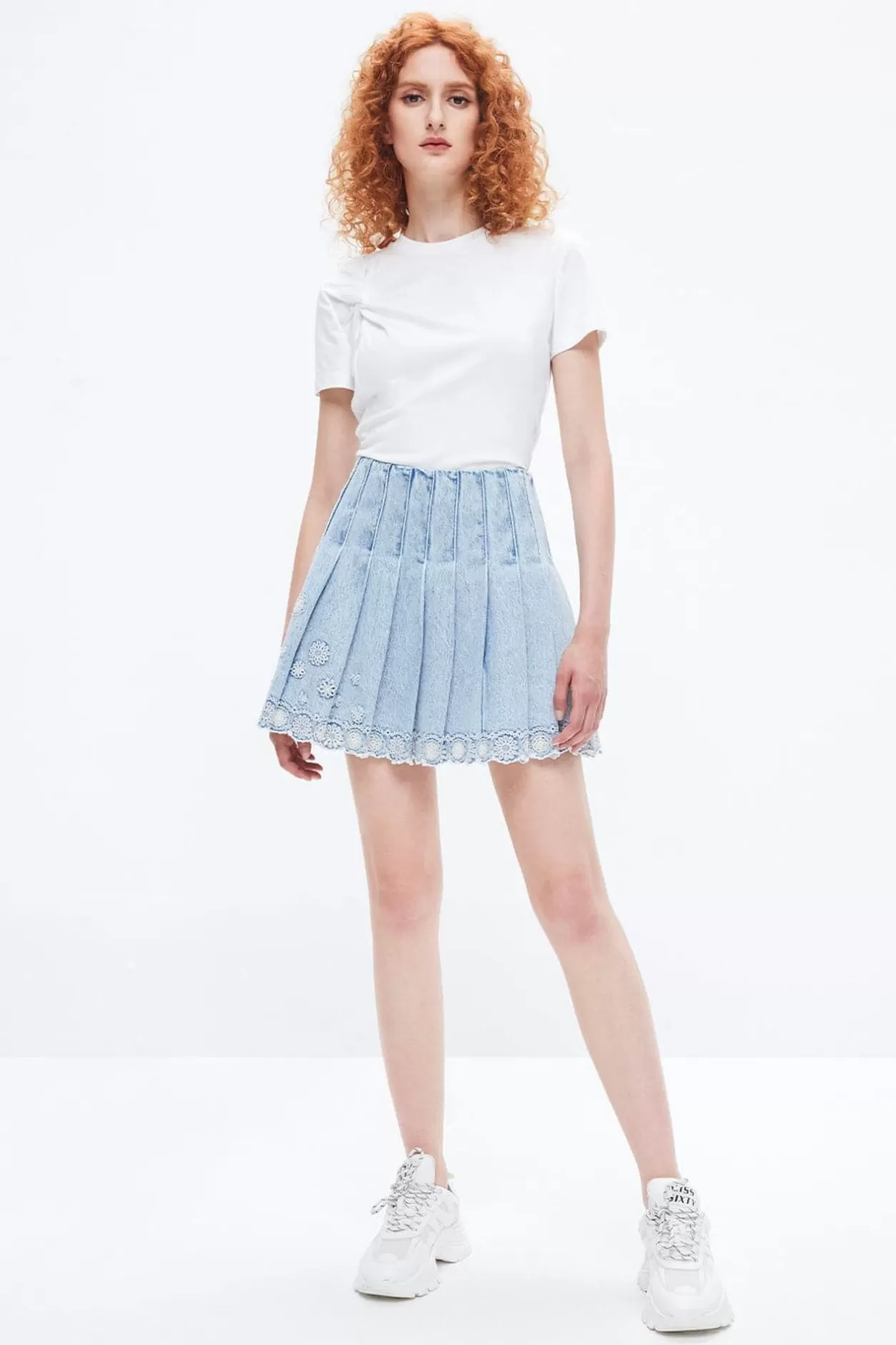 Miss Sixty Denim Pleated Culottes With Flower Edge Light Blue Cheap