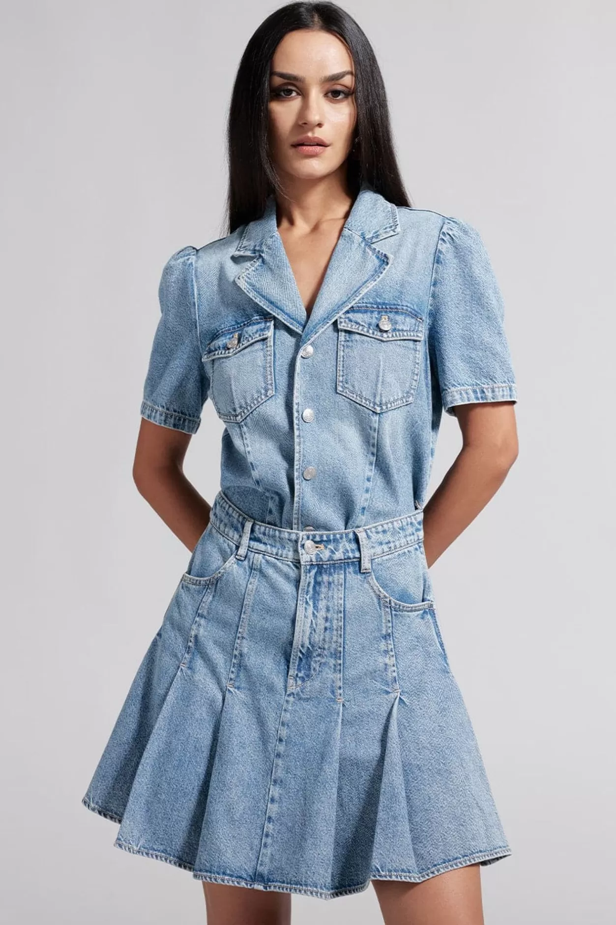 Miss Sixty Denim Pleated Dress Middle Blue Outlet