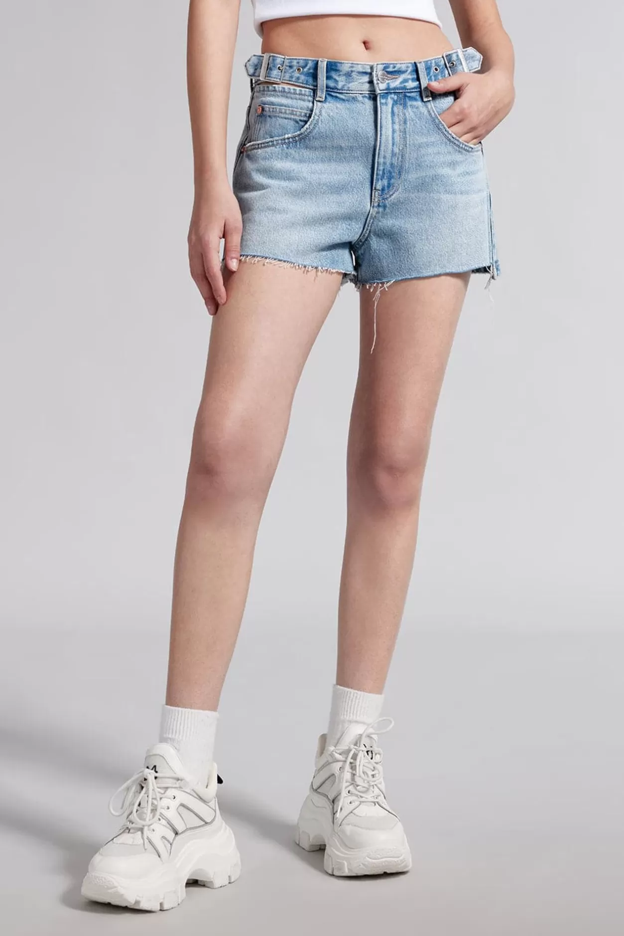 Miss Sixty Denim Shorts With Cut Out Waist Design Light Blue Clearance