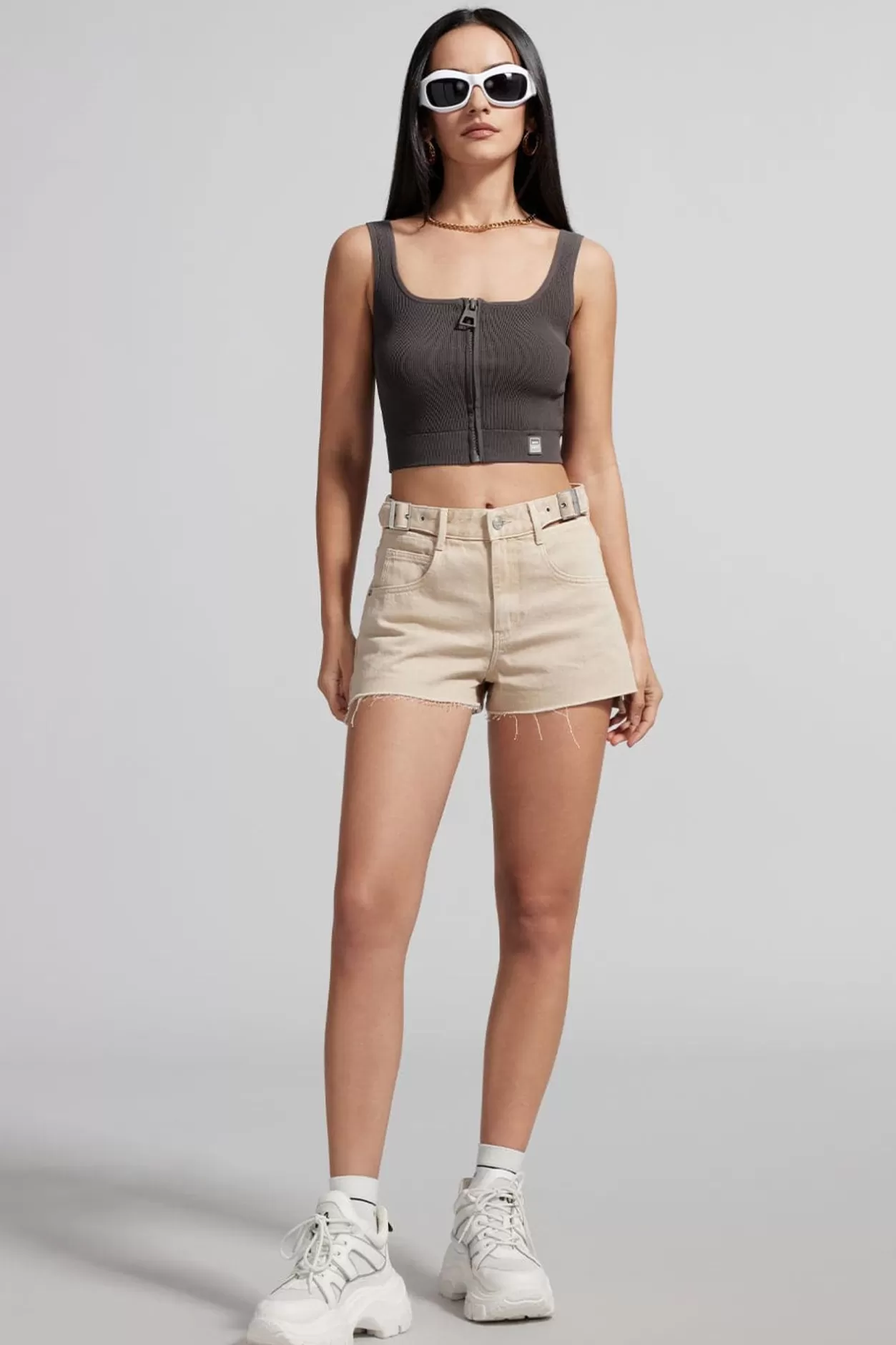 Miss Sixty Denim Shorts With Cut Out Waist Design Khaki Best Sale