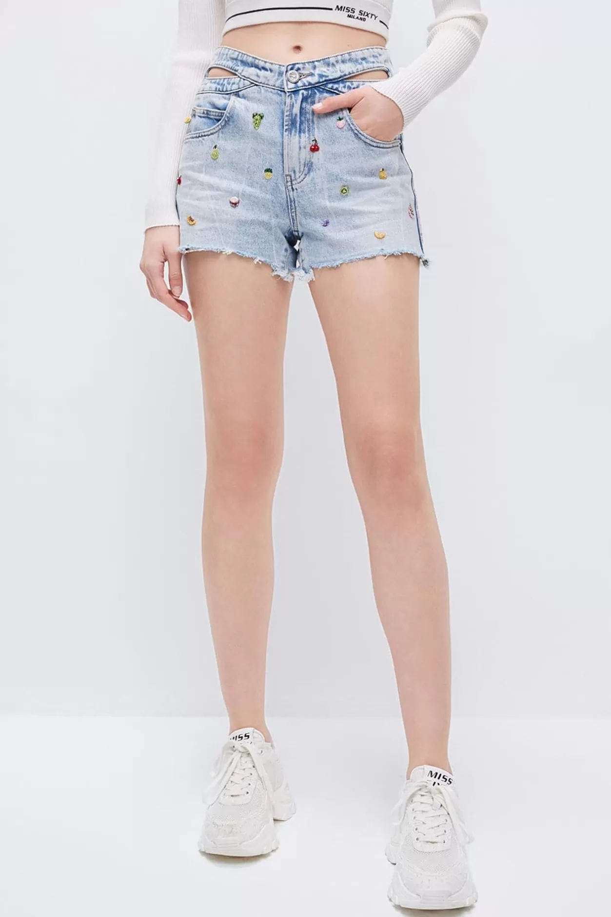 Miss Sixty Denim Shorts With Fruit And Beadedembellishment Light Blue Best