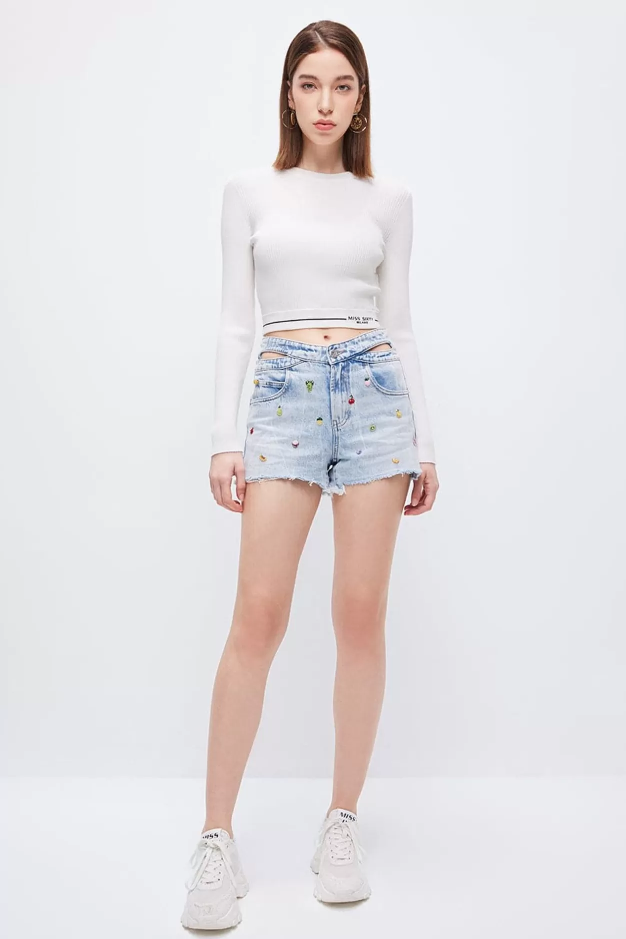 Miss Sixty Denim Shorts With Fruit And Beadedembellishment Light Blue Best