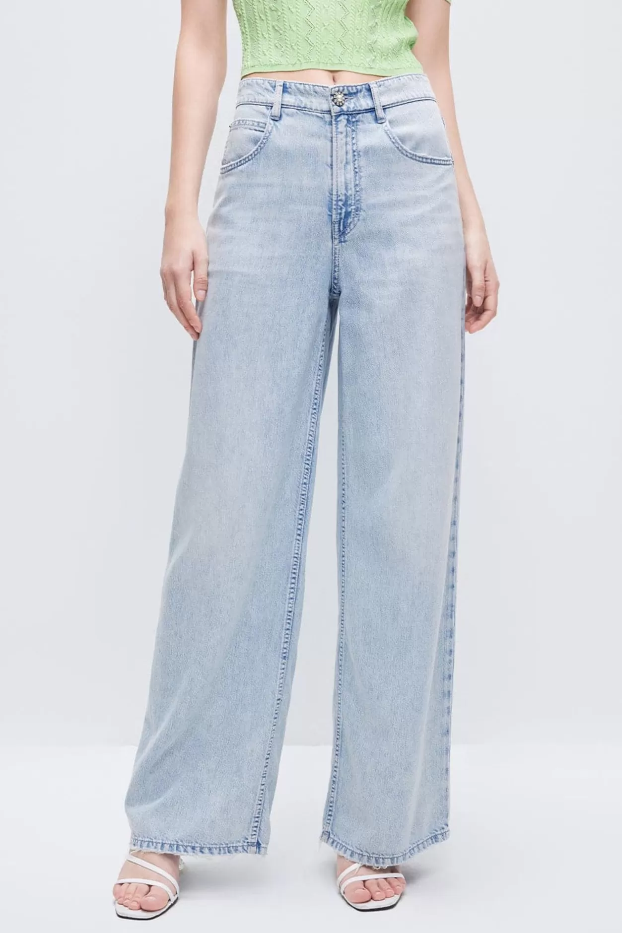 Miss Sixty Drapey Denim Wide-Leg Jeans With Acid Wash Light Blue Best Sale