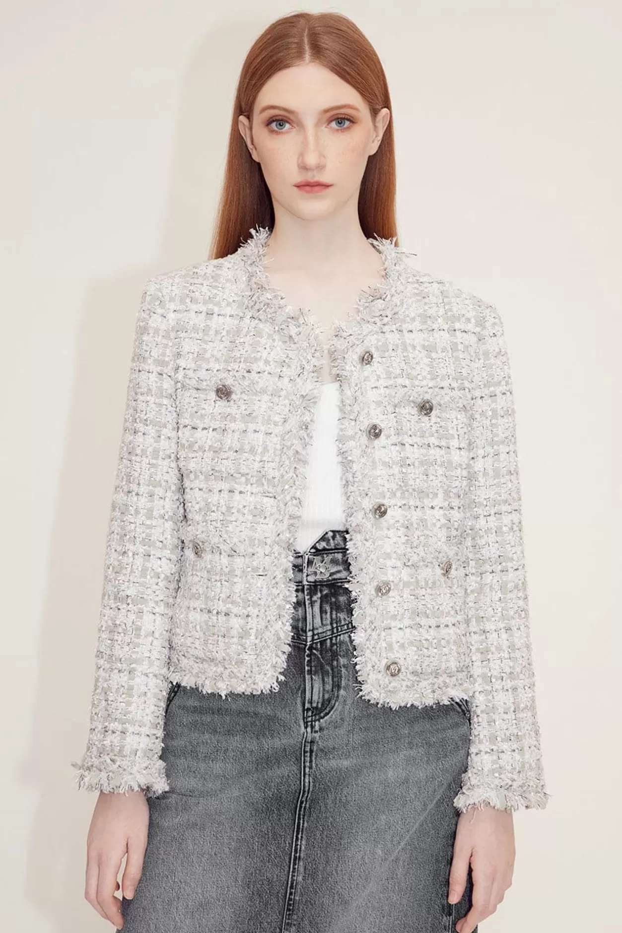 Miss Sixty Elegance Tweed Jacket With Shoulder Pads Heather Grey Fashion