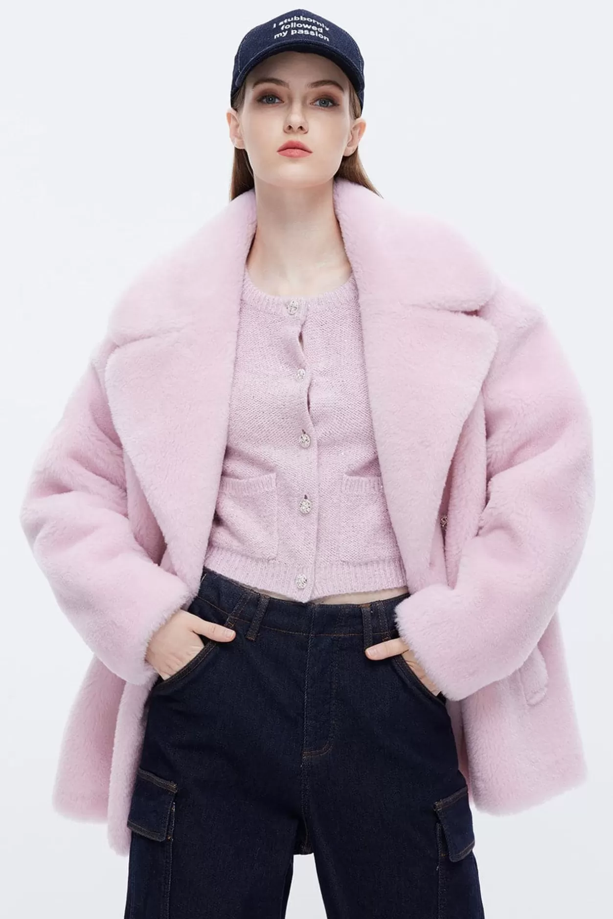 Miss Sixty Elegant Light Pink Mid-Length Thickened Wool Shearling Coat Baby Pink Store