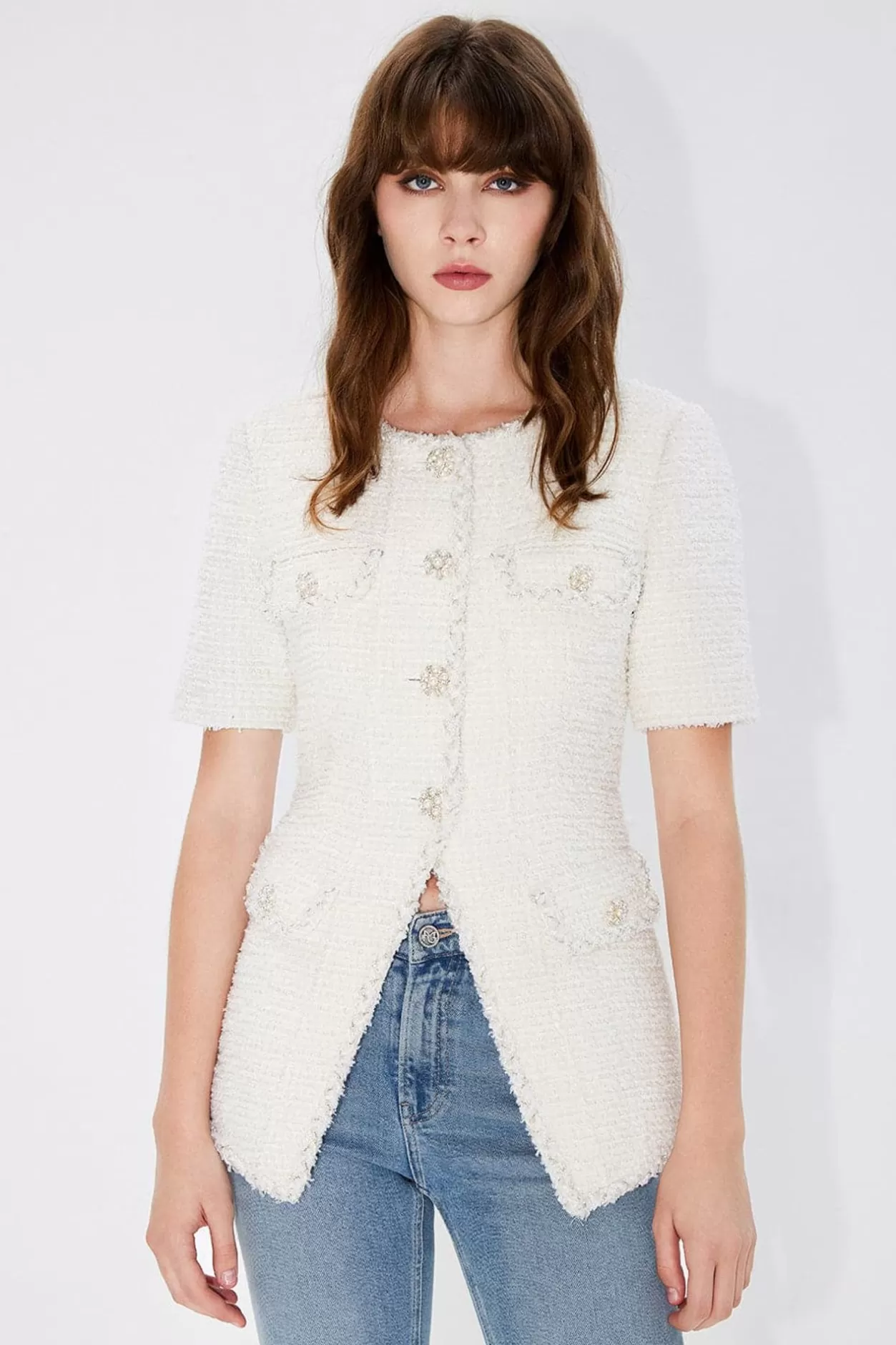 Miss Sixty Elegant Tweed Jacket With Pearl White Discount