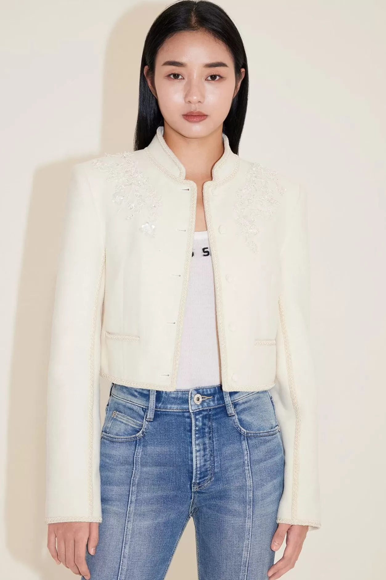 Miss Sixty Embroidered Woolen Tweed Jacket Off White Sale