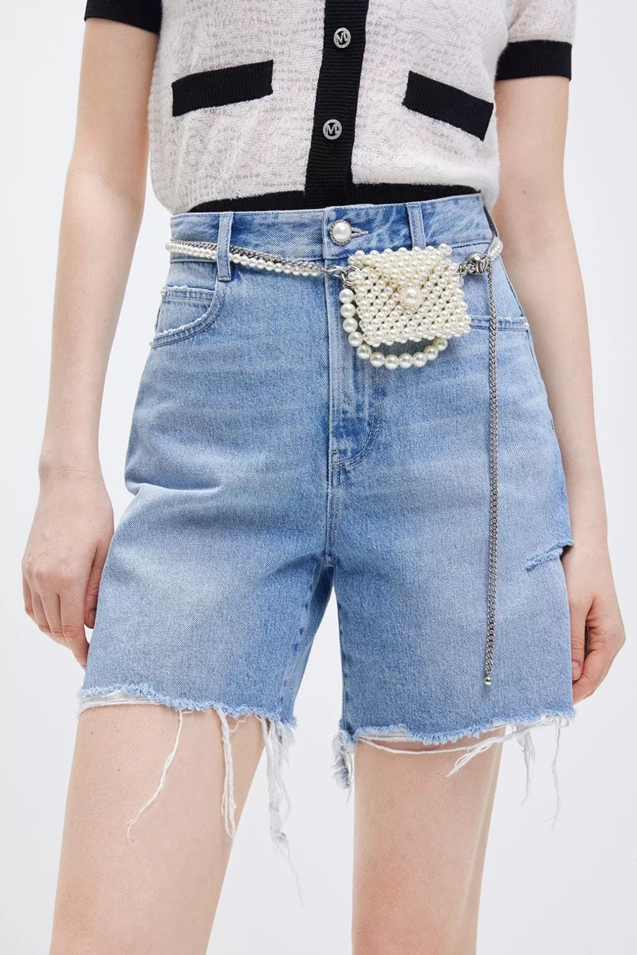 Miss Sixty Embroidery Denim Shorts With Pearl Bag Light Blue Best Sale